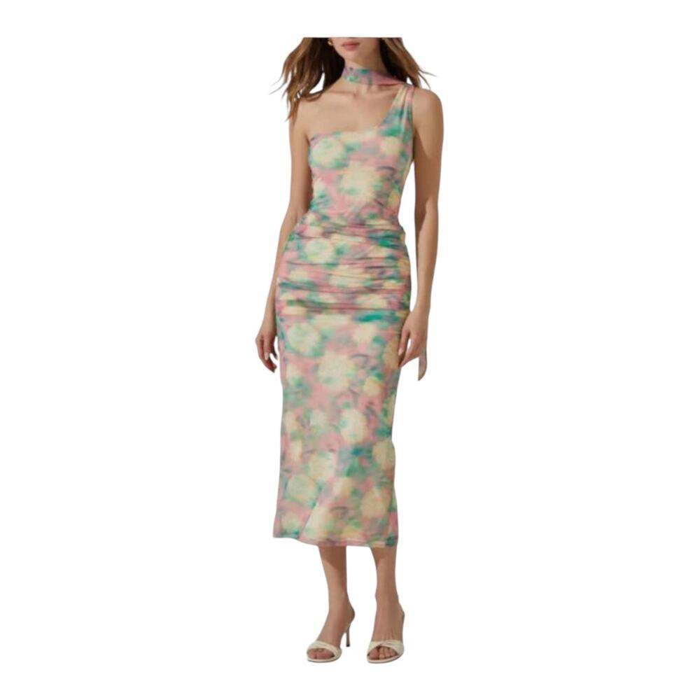 ASTR the label dress Abstract print asymmetric midi green pink size Small S